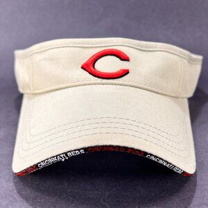 Vtg Cincinnati Reds Strapback Sun Visor Hat Annco Beige Golf Tennis Sports Mens